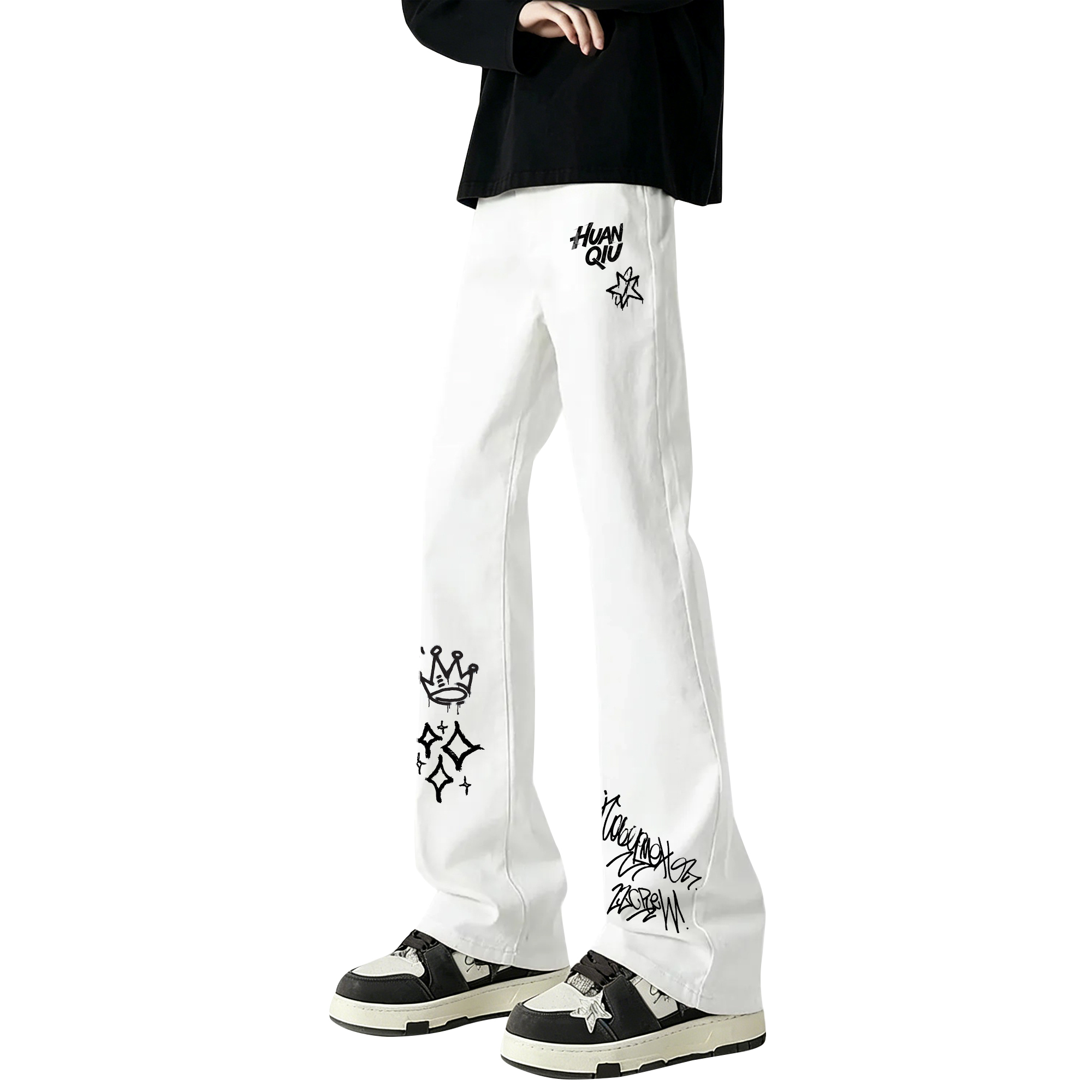 デニムパンツ フレア ミッドライズ ロゴ プリント カジュアル ヴィンテージ風 ストリート メンズ レディース ユニセックス 大きいサイズ